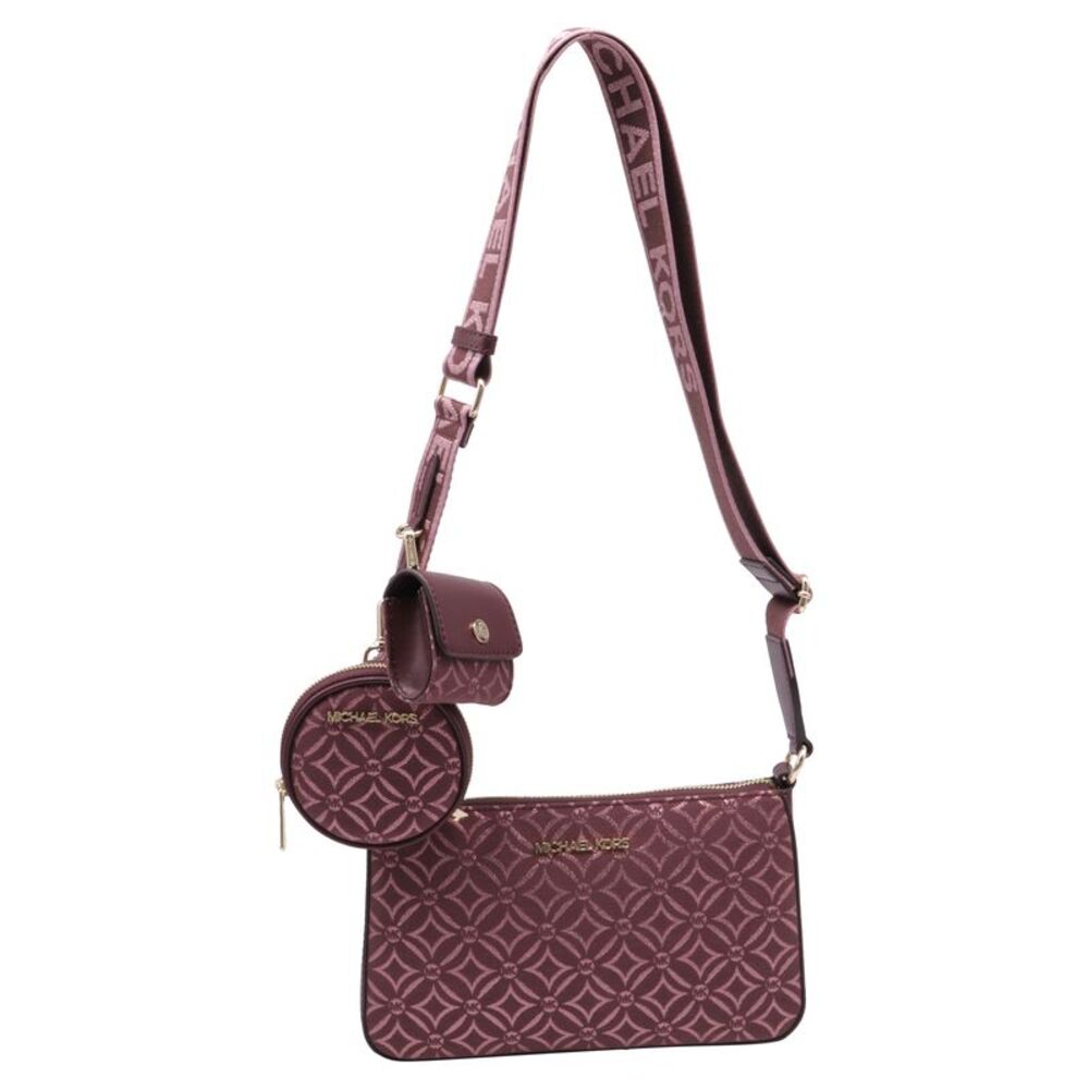 Michael Kors Small Jet Set Travel Logo Jacquard Crossbody Bag in Burgundy Canvas